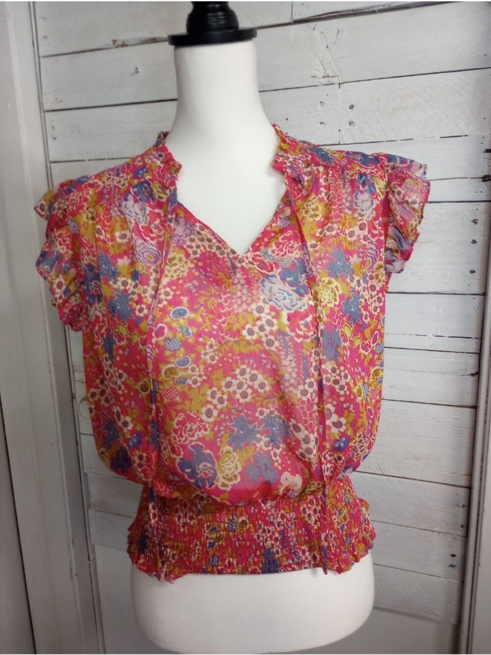 Joie Women’s Medium Pink Floral Print Smocked Tie Front Top Semi Sheer Boho